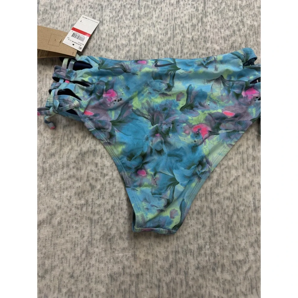 Nike Swim NESSE285 Women High Waist Strappy Bikini Bottom Blue‎ Floral L